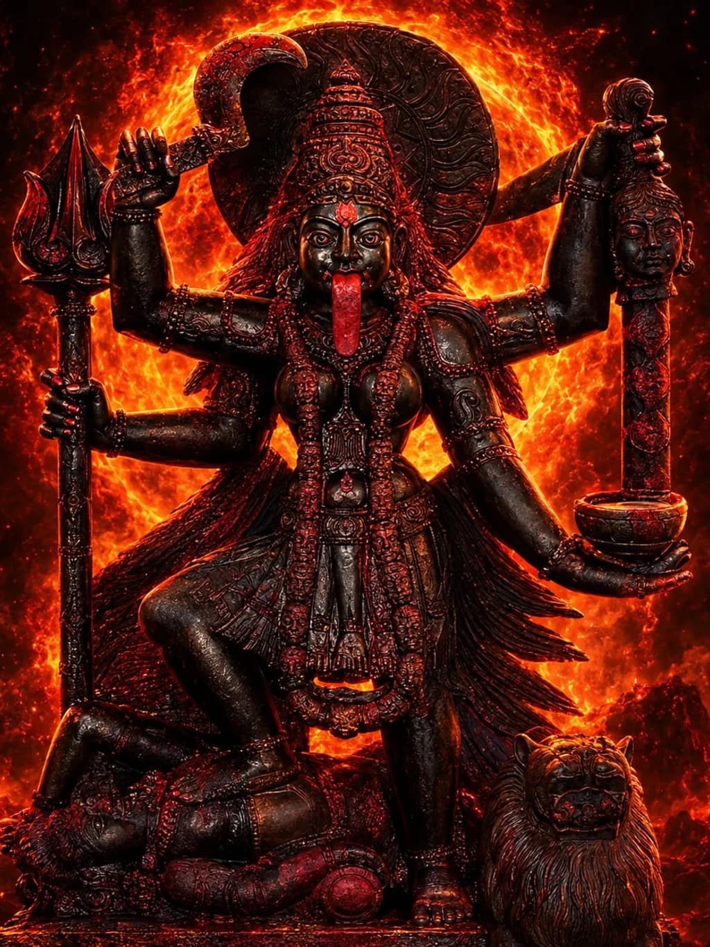 Maa Adya Mahakali vigraha against a blazing cosmos